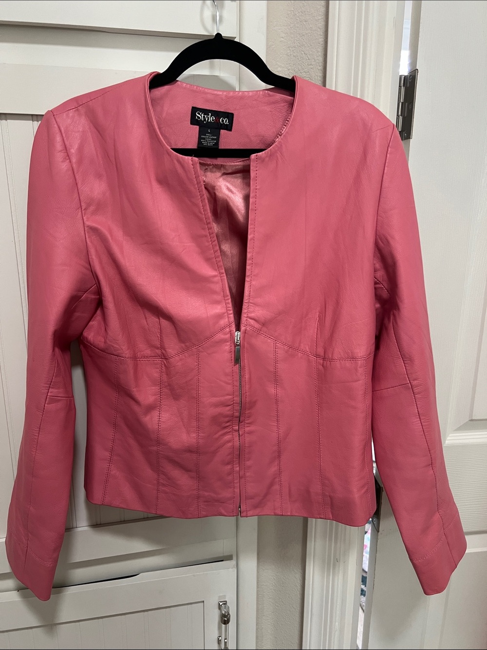 Style & Co. Pink Leather Collarless Jacket - Picture 3 of 4